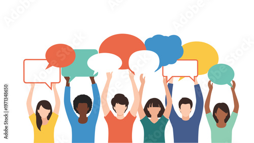 Diverse group of people holds up colorful speech bubbles of different shapes to represent freedom of speech and dialogue.