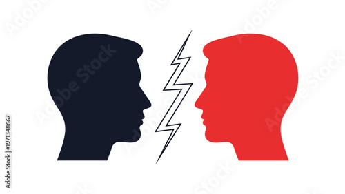 Two male silhouettes face each other with a lightning bolt between them symbolizing conflict or a brainstorming spark.