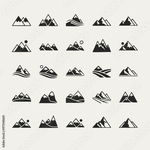 Collection of diverse mountain peak silhouettes, representing nature and adventure in a minimalist graphic style