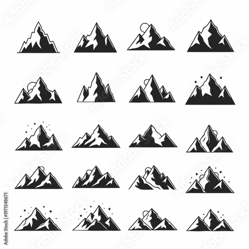 Collection of Stylized Mountain Peaks with Snowy Summits and Sky Elements, Perfect for Outdoor Adventure Branding