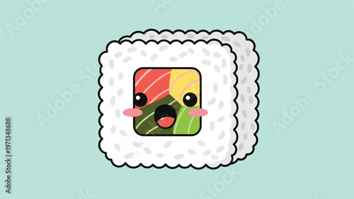 Adorable cartoon square sushi roll character with a surprised expression and rosy cheeks on a soft light green background for kids.