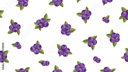 Fresh and vibrant seamless pattern of blueberry clusters with green leaves scattered on a clean white background for food decor.