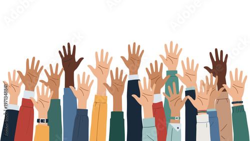 Large group of hands with diverse skin tones raised high in the air symbolizes voting or community participation.