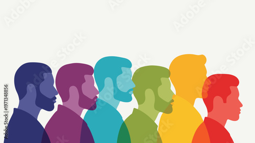 Group of diverse male head silhouettes in profile with different beard styles represents men fashion and diversity.