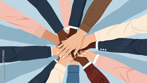Many diverse hands are piled together in the center to represent a strong commitment to teamwork and shared goals.