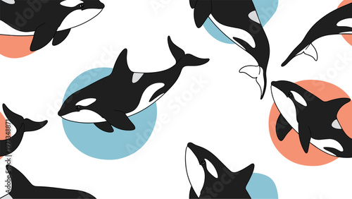 Dynamic seamless pattern of killer whales or orcas swimming over colorful blue and coral circles on a clean white background.