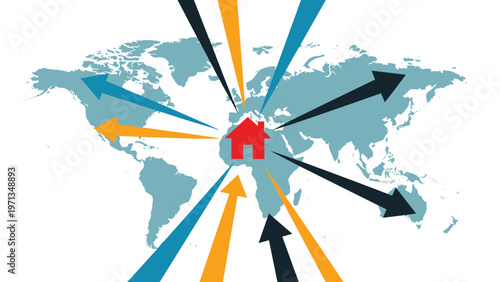 World map with several arrows pointing toward or away from a central red house icon represents global real estate.