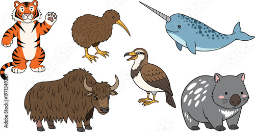 Cute Wildlife and Exotic Animal Vector Set with Tiger, Kiwi Bird, Narwhal, Yak, Dodo, and Wombat Illustrations for Children’s Books, Educational, Web, Apps, and Print Designs