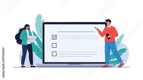 Man and woman interacting with a giant laptop screen displaying a checklist for online survey or digital voting.