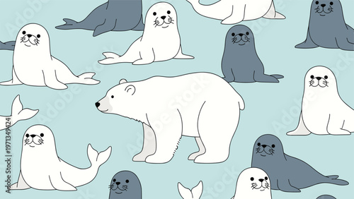 Playful seamless pattern of white and gray seals with a single white polar bear standing out on a cool light blue background area.