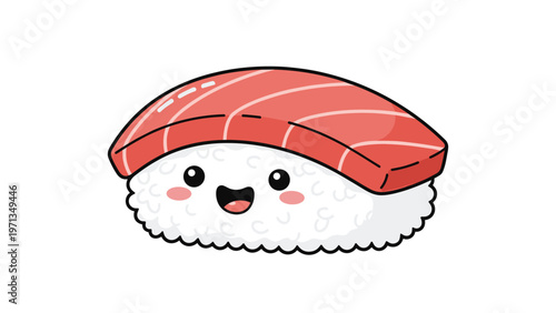 Cute kawaii style tuna nigiri sushi character with a happy smiling face and rosy cheeks isolated on a clean white background space.