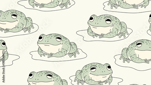 Peaceful seamless pattern of light green frogs sitting comfortably on lily pads over a soft cream colored background for children.