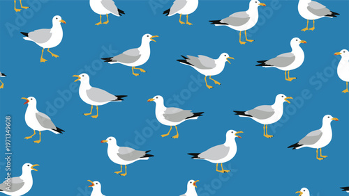 Lively seamless pattern of seagulls in different active poses flying and walking on a solid blue background for coastal theme decor.