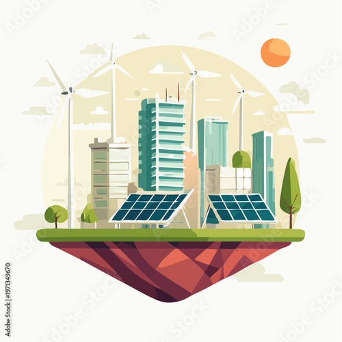Dynamic illustration of a modern sustainable city on a floating island, powered by clean renewable energy with prominent wind turbines and solar panels, representing a green urban future
