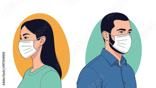 Profile portraits of a man and a woman wearing protective white medical face masks for health and safety measures.