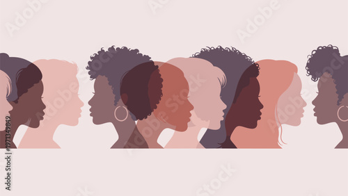Continuous row of overlapping female profile silhouettes in various skin tones symbolizing women empowerment and unity.