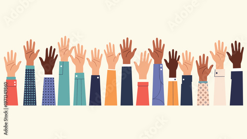 Long row of diverse arms of various skin colors and patterns on sleeves raised up to symbolize community unity.