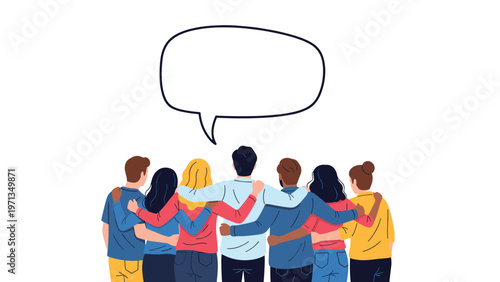 Group of diverse friends standing together with their backs turned and arms around each other under a large empty speech bubble.