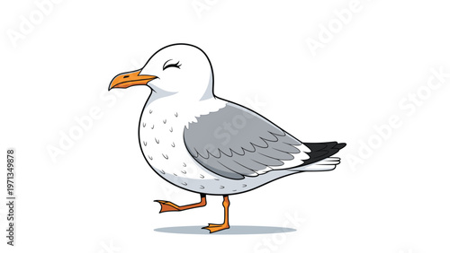 Peaceful illustration of a white and gray seagull standing calmly on one leg with closed eyes on a soft light blue background field.