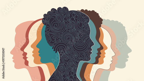Profile silhouettes of diverse women of different ethnicities layered together with a beautiful intricate swirl pattern detail.