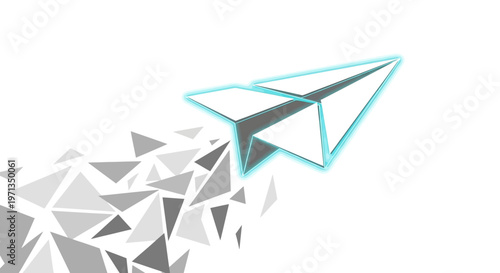 Paper airplane with neon glow breaking apart into geometric shapes