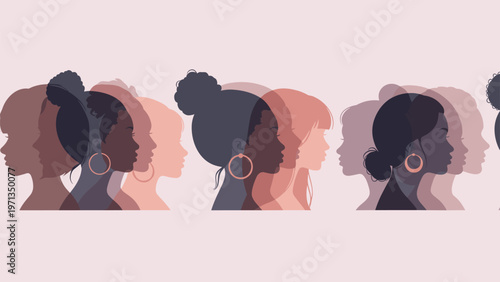 Row of female profiles in different skin tones representing diversity, empowerment, and the collective strength of women everywhere.