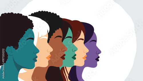 Row of female profile silhouettes in diverse skin tones and vibrant colors representing feminism, equality, and global sisterhood.