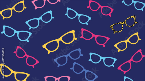Trendy seamless pattern of colorful eyeglasses in various styles with one unique leopard print pair on a dark blue background base.