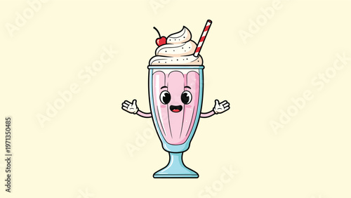 Happy strawberry milkshake character with whipped cream swirl a red cherry and a striped straw on a pale yellow background.