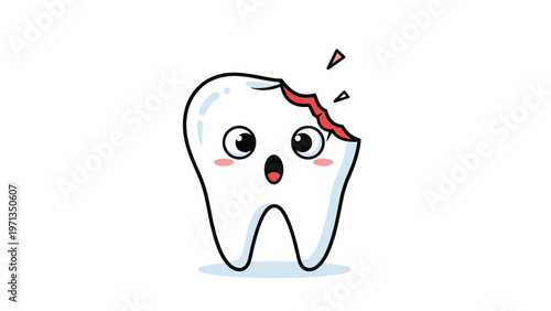 Cute cartoon tooth with a worried expression and a cavity, representing dental health and the importance of oral hygiene for kids.