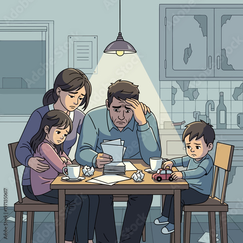 Family sitting at dinner table stressed.