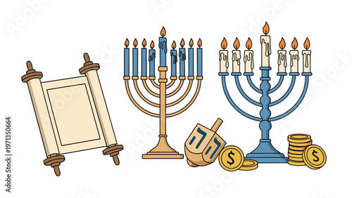 Hanukkah symbols including menorahs, dreidel, gold coins, and a scroll on a white background, celebrating the jewish festival of lights.