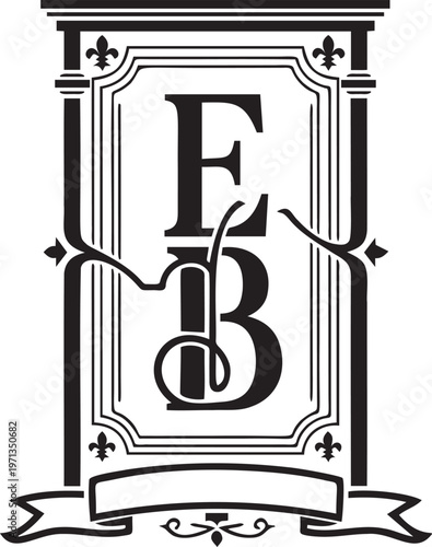 Classical monogram frame with letters e and b and fleur de lis motifs.