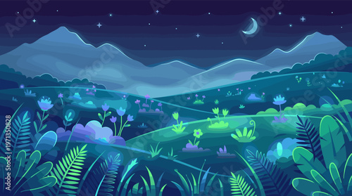 Vector illustration of a tranquil night scene. Features a beautiful mountain valley, crescent moon, and magical flowers. Ideal for wallpaper, web design, or peaceful themes.