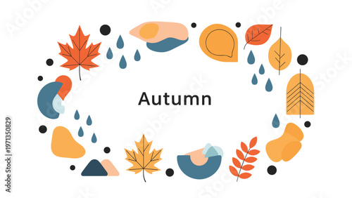 Autumn themed frame with various leaves, acorns, raindrops, and abstract shapes, perfect for seasonal designs and fall announcements.