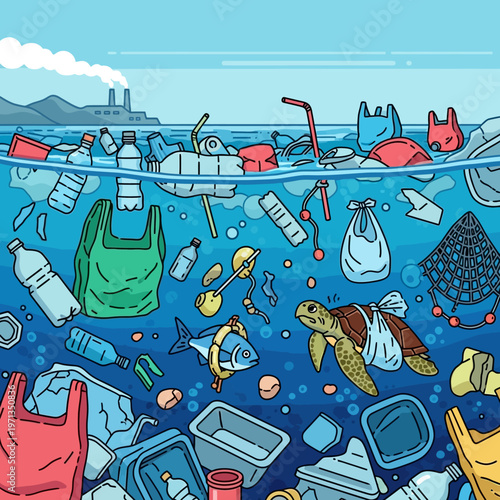 Fish and sea turtle ocean pollution.