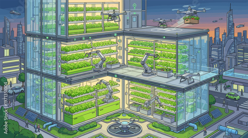 Illustration of a futuristic vertical farm in a smart city. Robots and drones automate agriculture, representing sustainability, innovation, and the future of food technology.