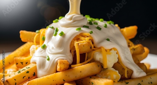Gourmet french fries topped with melted cheese curds white gravy and fresh chive.