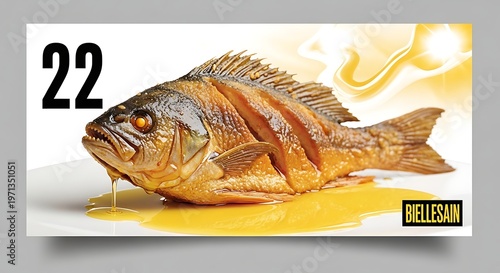 Golden fried fish dish on white plate with yellow sauce 22 biellesain text.