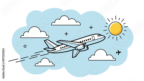 Plane flying in a sunny blue sky with soft white clouds, representing travel, flight, and the freedom of air transportation.