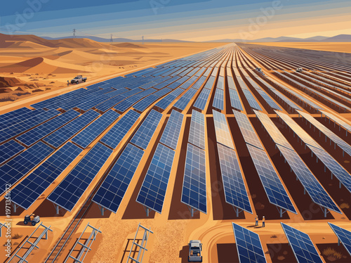 Illustration of a massive solar farm in the desert. Workers and vehicles show the scale of this green energy project. Ideal for sustainability and tech themes.