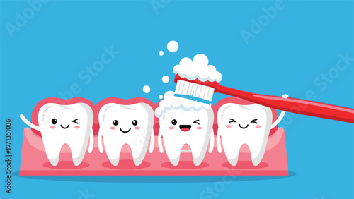 Group of happy cartoon teeth being brushed with a red toothbrush and foam, promoting good dental health and daily cleaning habits.