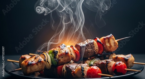 Grilled meat and vegetable skewers with rising steam on dark plate background.