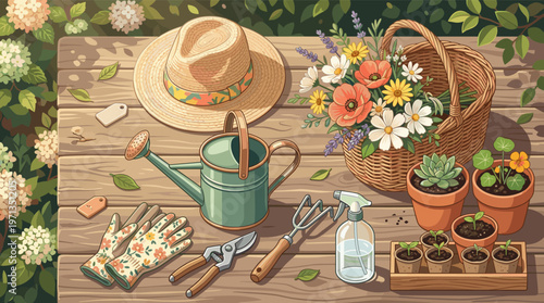 Charming illustration of gardening essentials on a wooden table. A peaceful spring scene perfect for hobby blogs, lifestyle content, or seasonal marketing.