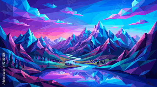 A stunning low poly digital illustration of a mountain range with a river. Vibrant shades of purple, blue, and pink create a magical, futuristic feel. Ideal for backgrounds.