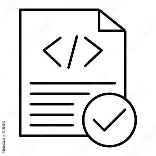 code file with checkmark, clean build line icon with editable stroke