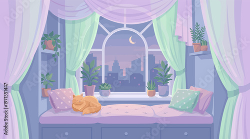 A cute ginger cat rests on a comfy window seat in a cozy room with plants. The window overlooks a peaceful city at night. Serene, lofi aesthetic for backgrounds.