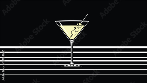 Classic martini glass with three olives on a cocktail pick set against a striking black and white striped background.