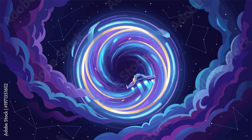 A spaceship ventures into a vibrant, swirling wormhole or black hole. This futuristic vector illustration evokes adventure, discovery, and the mysteries of space travel.