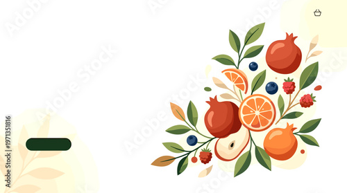 Artistic illustration of fresh, vibrant fruits and green leaves in a decorative corner design. Perfect for healthy food and natural botanical themes